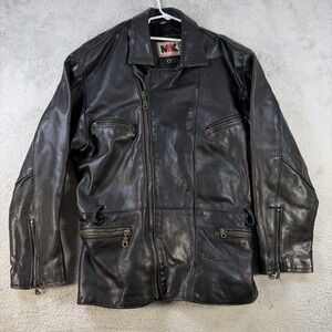 MDK Jacket Mens Large Black Motorcycle Biker Zip Pockets Heavy Real Leather Coat